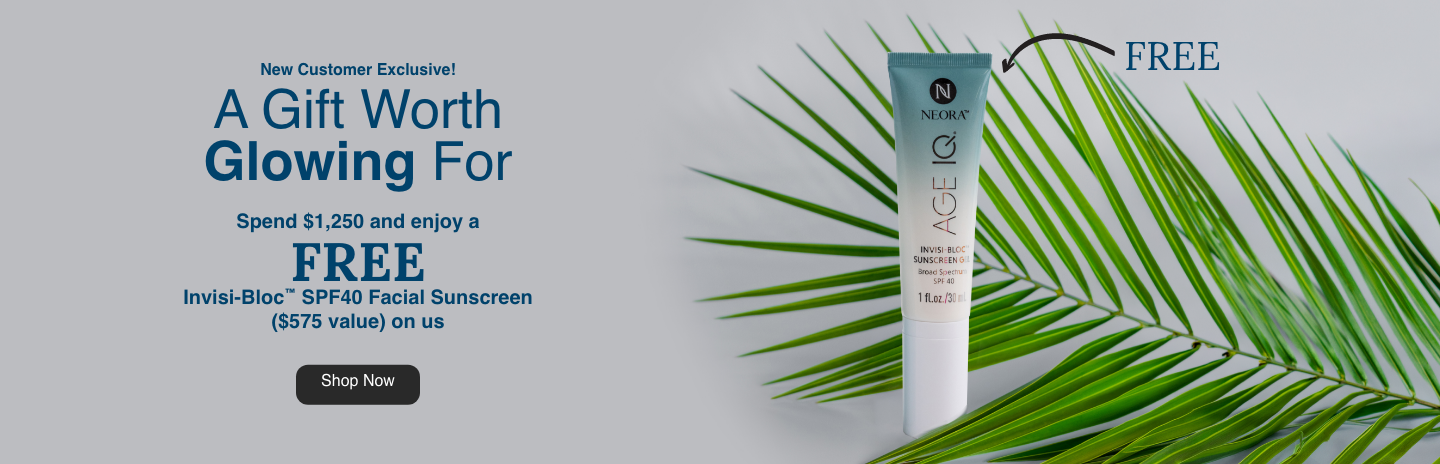 Alt text: New Customer Exclusive: Spend $165 and enjoy a FREE Invisi-Bloc SPF40 Facial Sunscreen ($55 value). Featured is an Invisi-bloc tube next to a palm tree branch.
